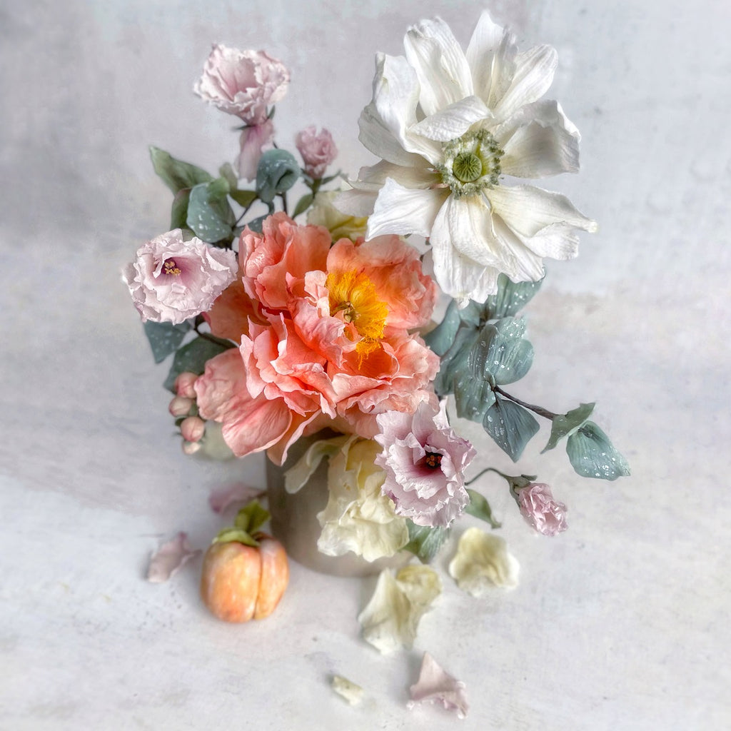 In Full Bloom: Coral Charm Peony, Double Anemone, and Lisianthus